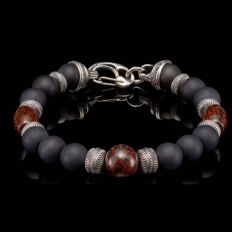 William Henry Magma Beaded Bracelet with Sterling silver  fossil dinosaur bone  and black onyx
